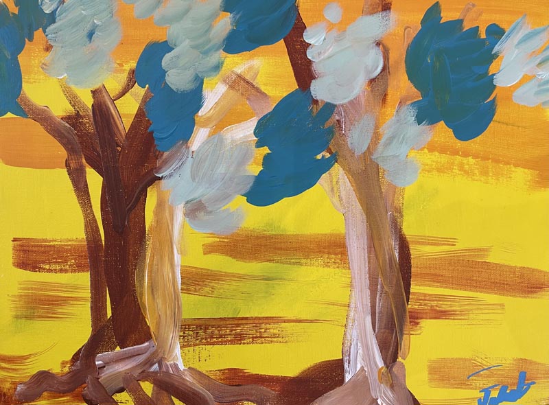 a painting called Australian Bush, with an orange and yellow background and several trees